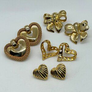 Vintage Gold-Tone Heart & Bow Pierced Earrings Set Statement Vintage